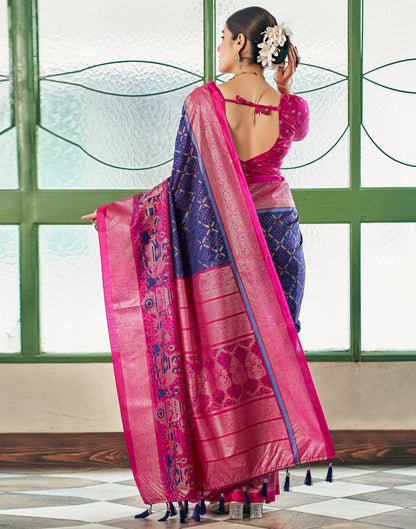 Navy Blue & Pink Motif Printed Silk Saree