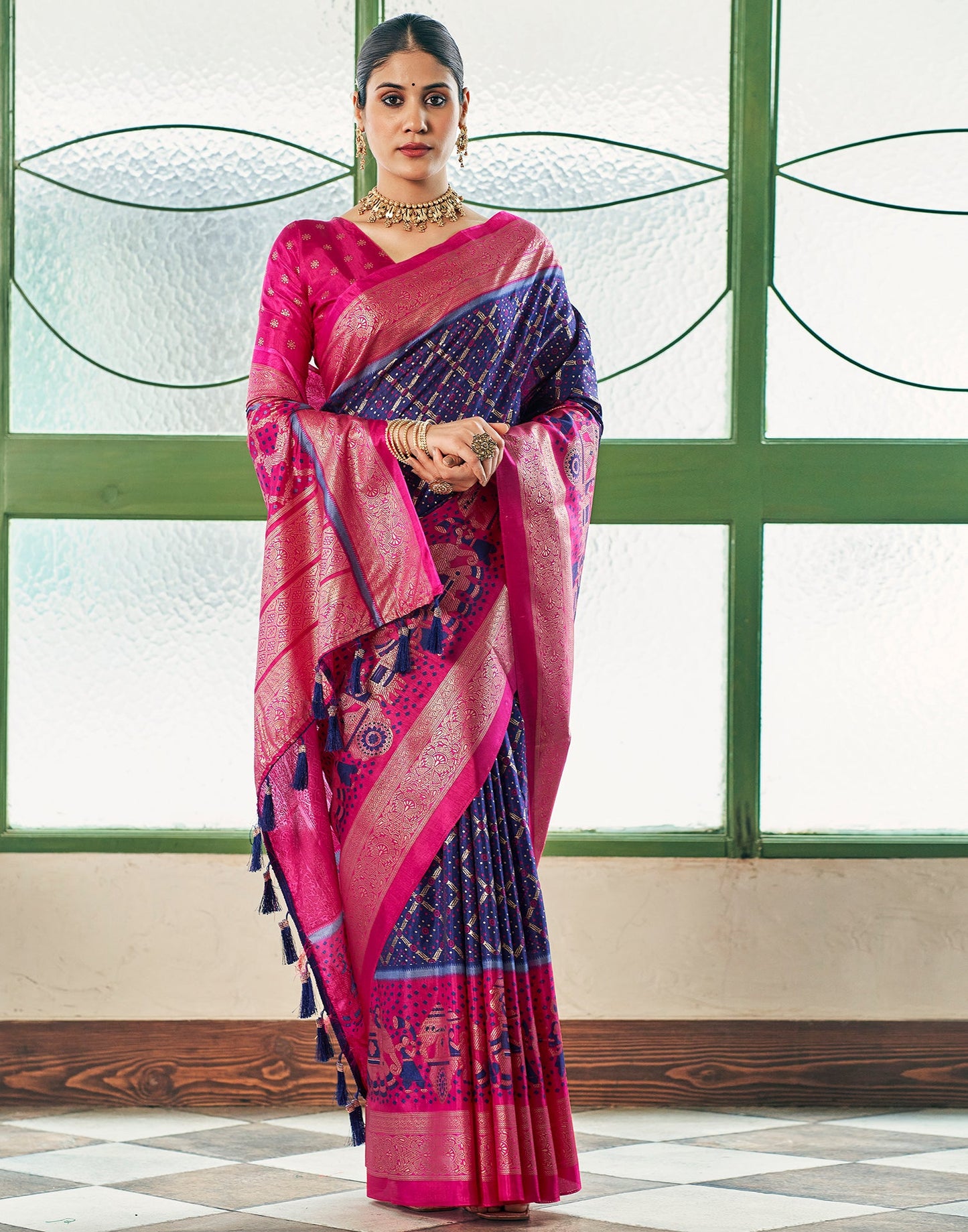 Navy Blue & Pink Motif Printed Silk Saree