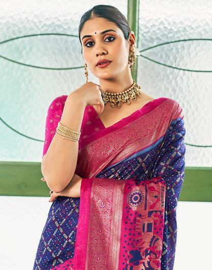 Navy Blue & Pink Motif Printed Silk Saree