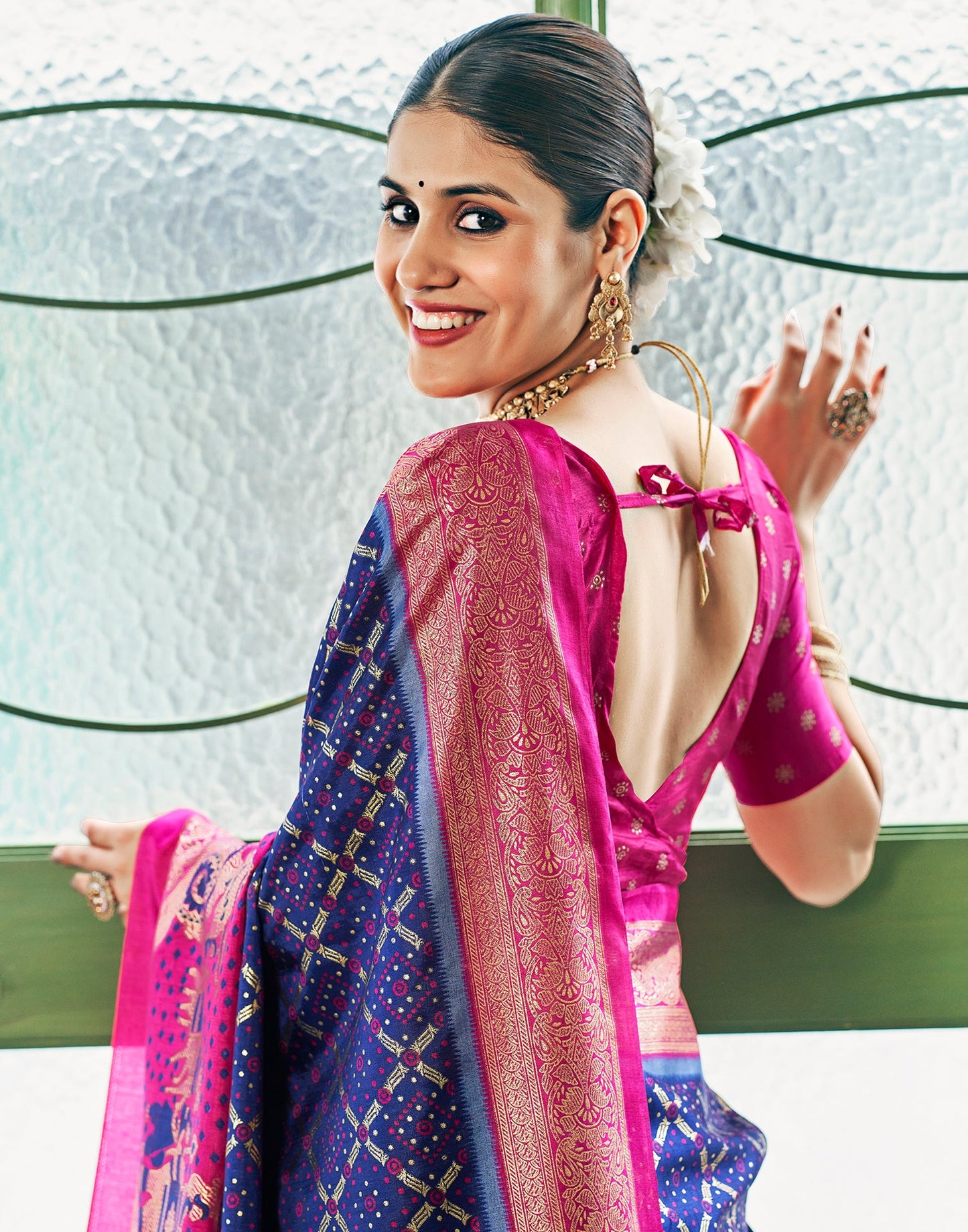 Navy Blue & Pink Motif Printed Silk Saree