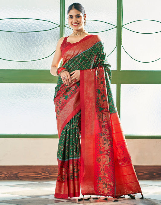 Dark Green Silk Printed Saree