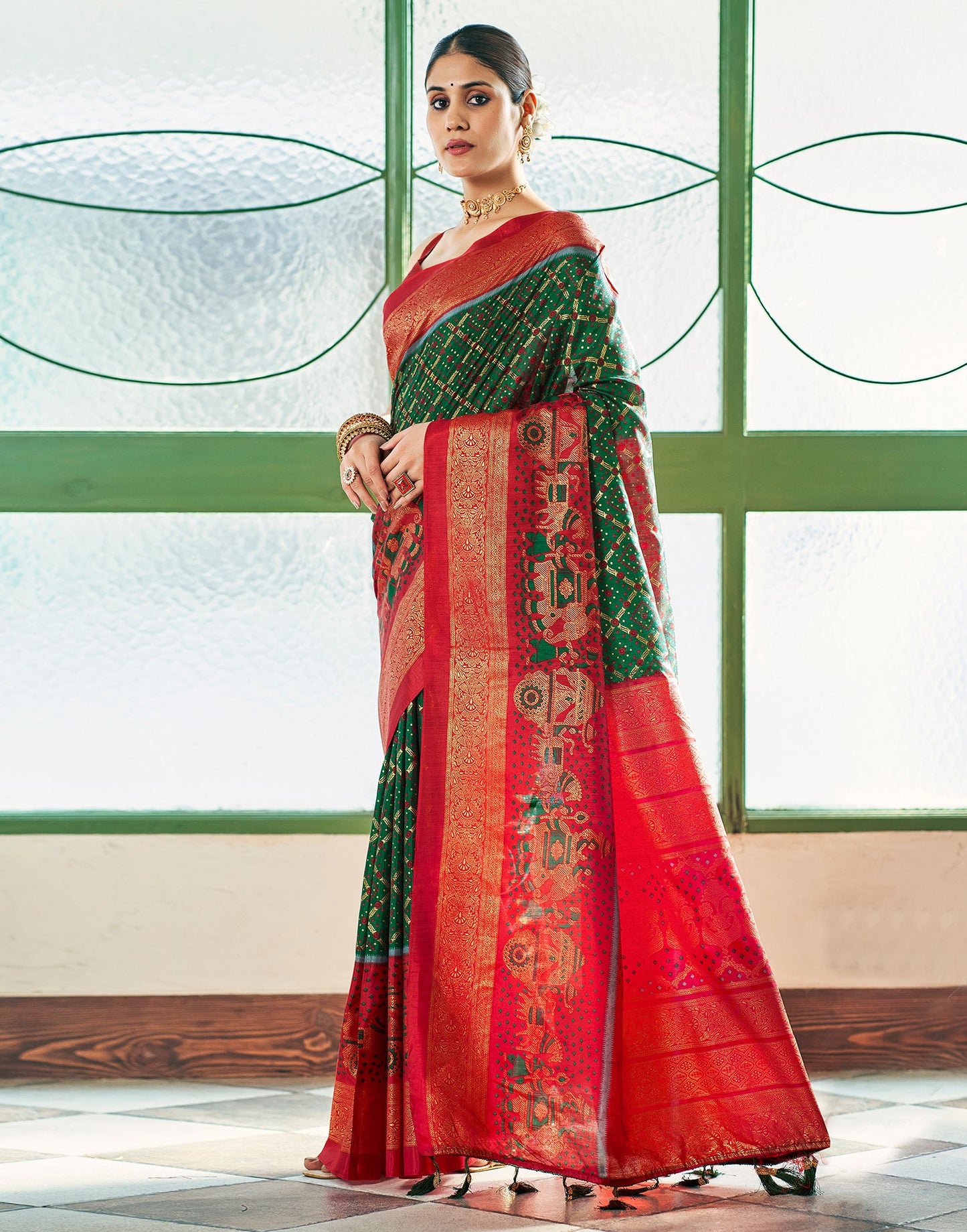 Dark Green Silk Printed Saree