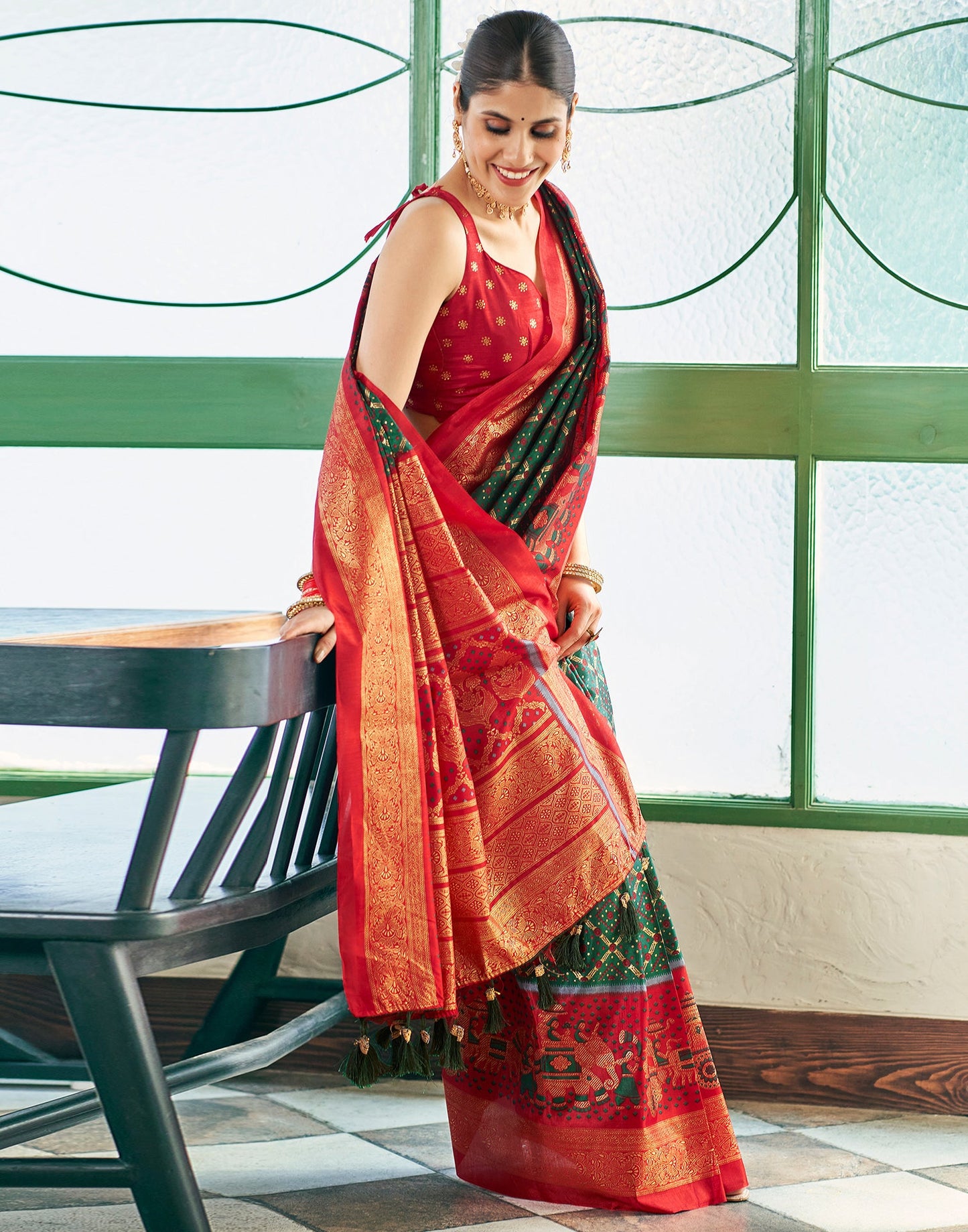 Dark Green Silk Printed Saree