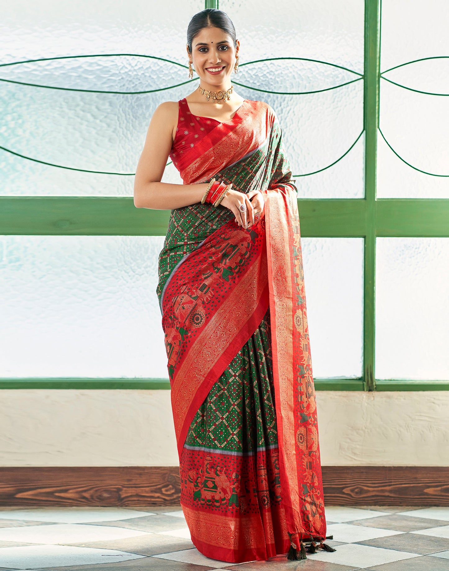 Dark Green Silk Printed Saree