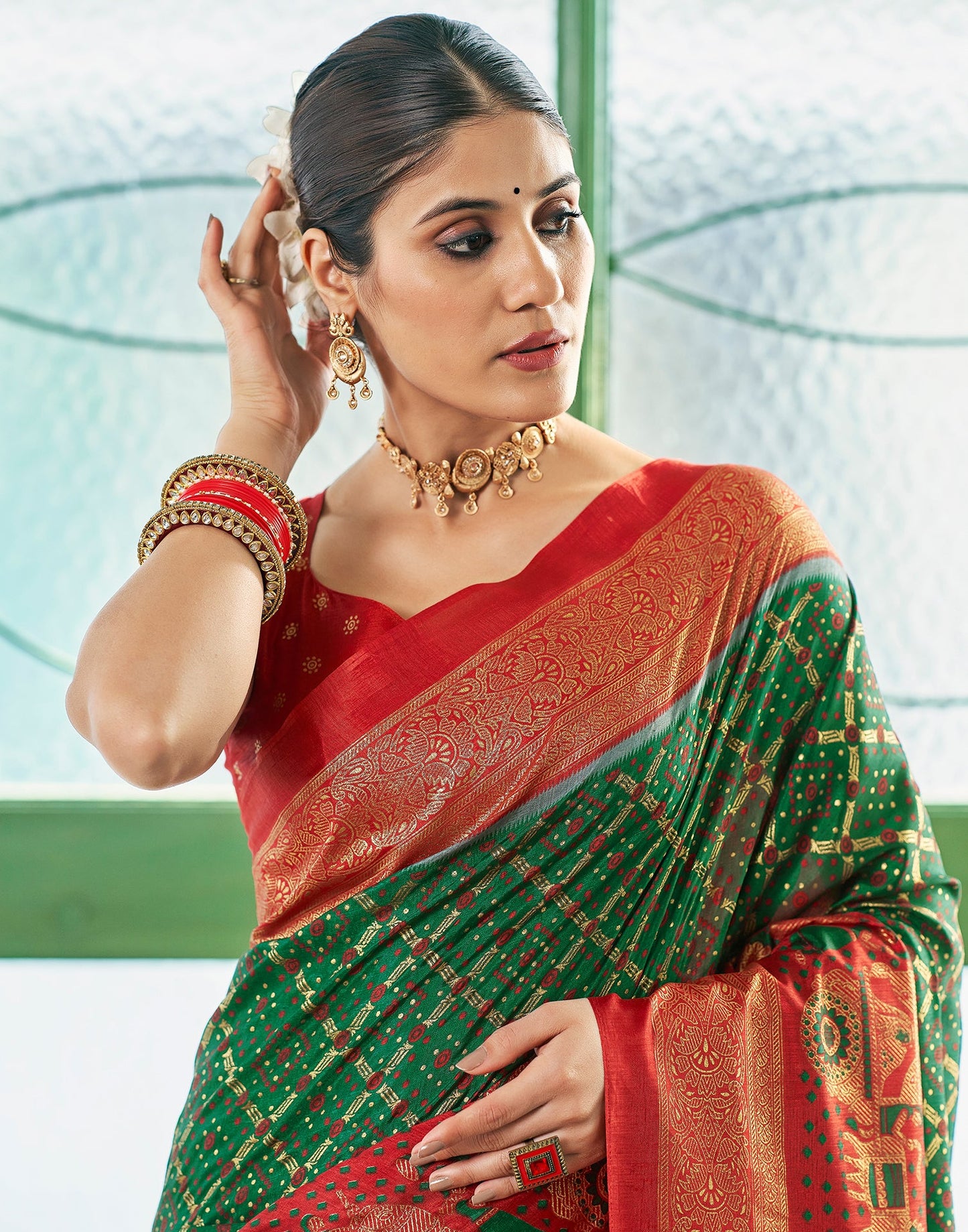 Dark Green Silk Printed Saree