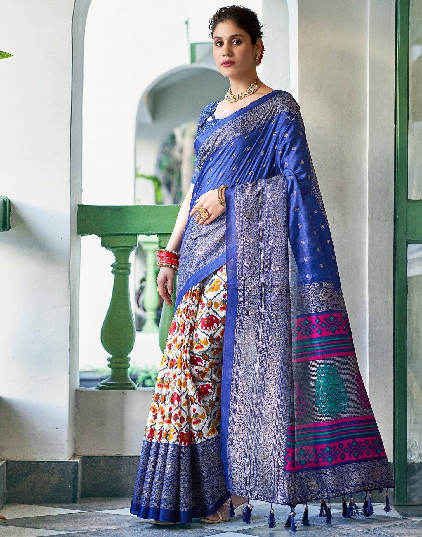 Dark Blue Silk Printed Saree