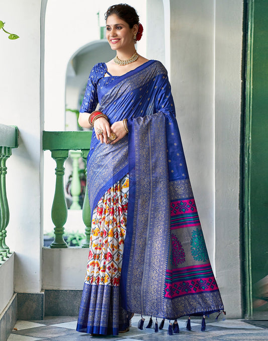 Dark Blue Silk Printed Saree