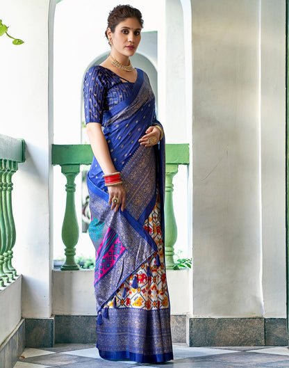 Dark Blue Silk Printed Saree