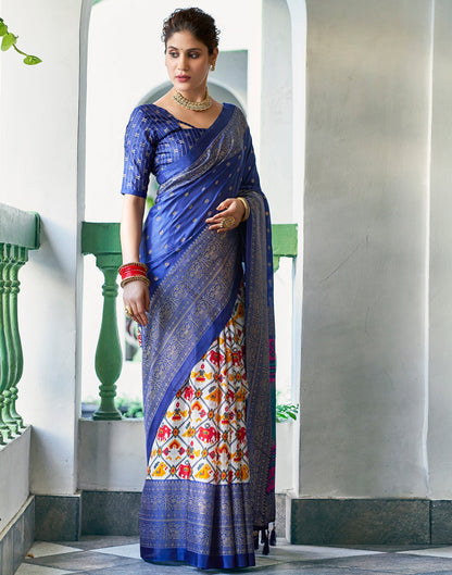 Dark Blue Silk Printed Saree