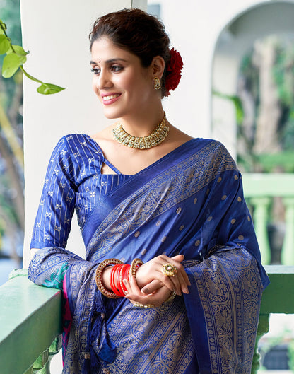 Dark Blue Silk Printed Saree
