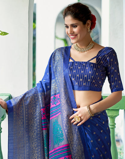 Dark Blue Silk Printed Saree