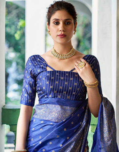 Dark Blue Silk Printed Saree