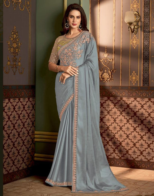 Steel Grey Chiffon Embroidery Saree