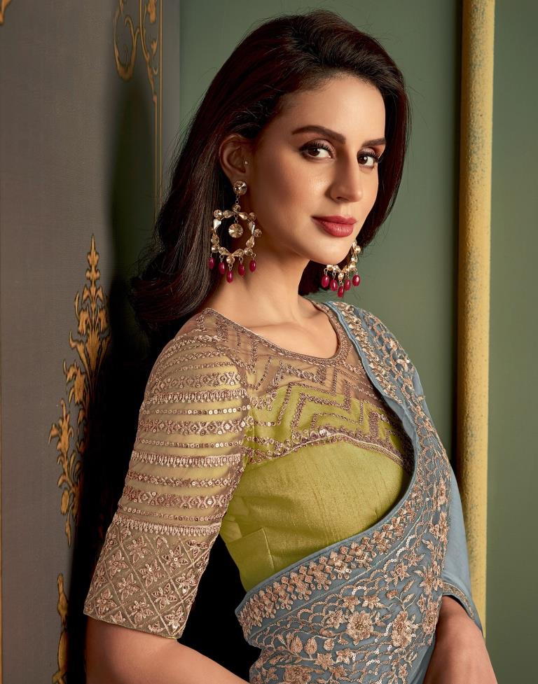 Steel Grey Chiffon Embroidery Saree