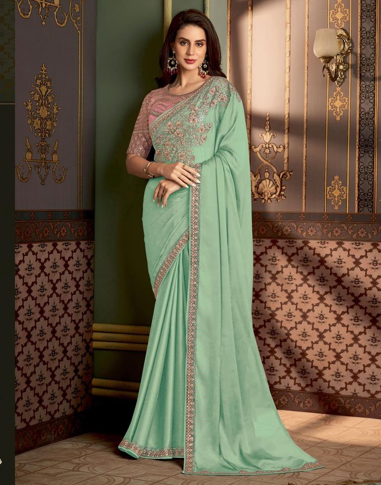 Pista Green Chiffon Embroidery Saree