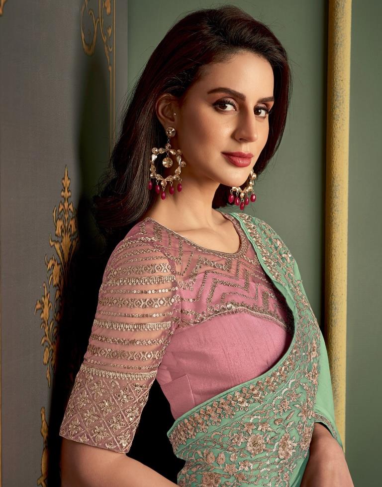 Pista Green Chiffon Embroidery Saree