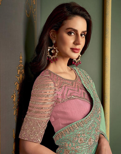 Pista Green Chiffon Embroidery Saree