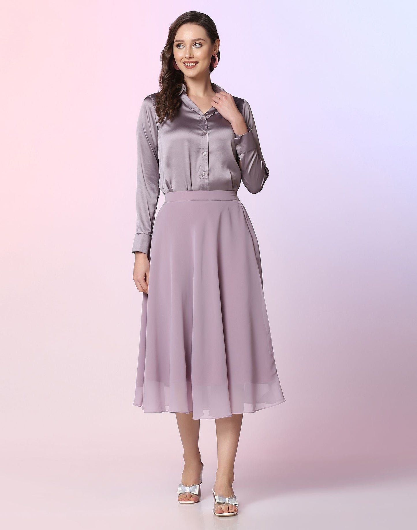 Lavender Satin Shirt with Skirt Co-ord Set | Leemboodi