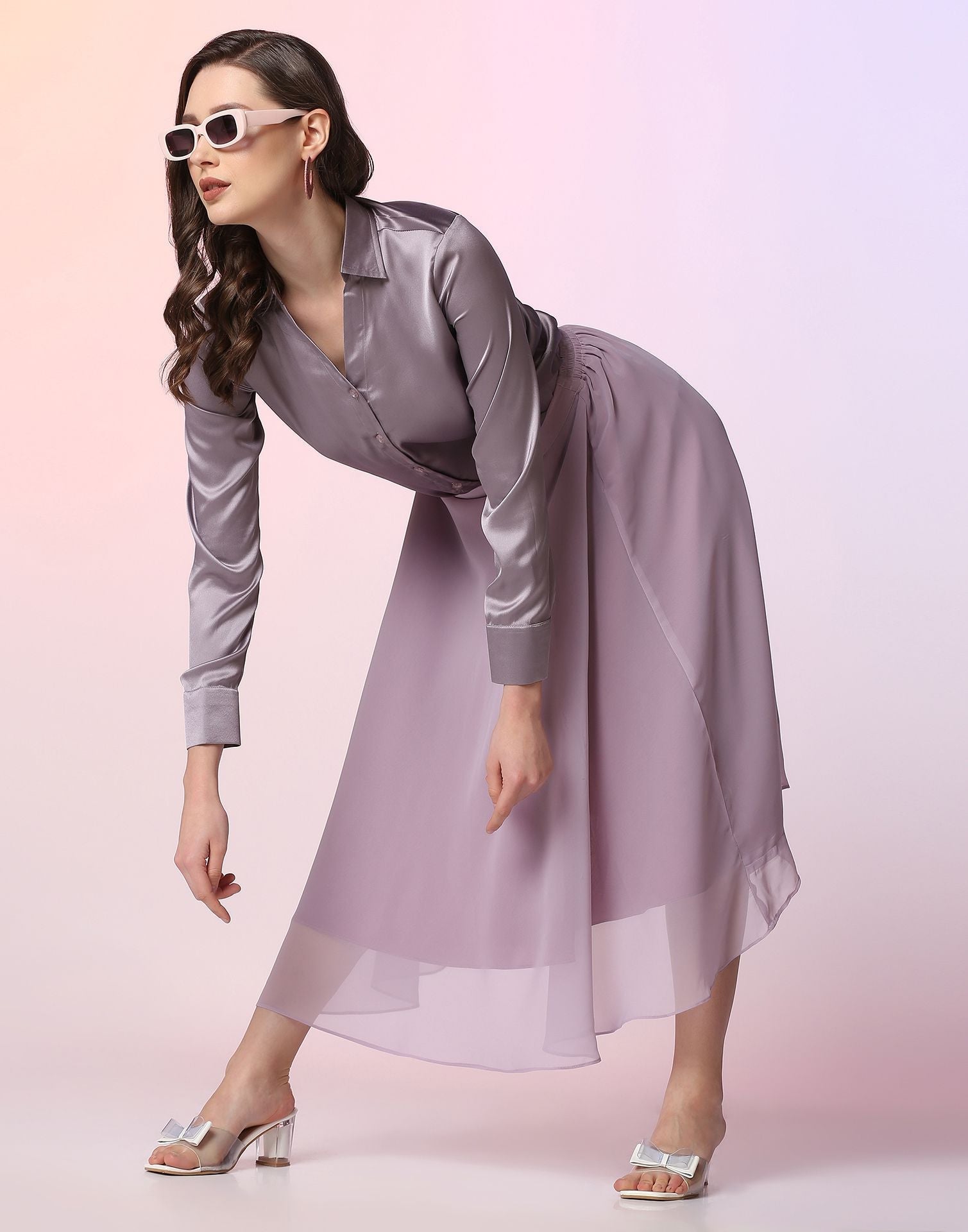 Lavender Satin Shirt with Skirt Co-ord Set | Leemboodi