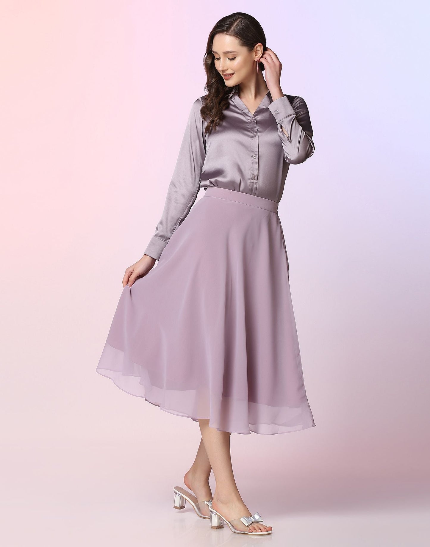 Lavender Satin Shirt with Skirt Co-ord Set | Leemboodi