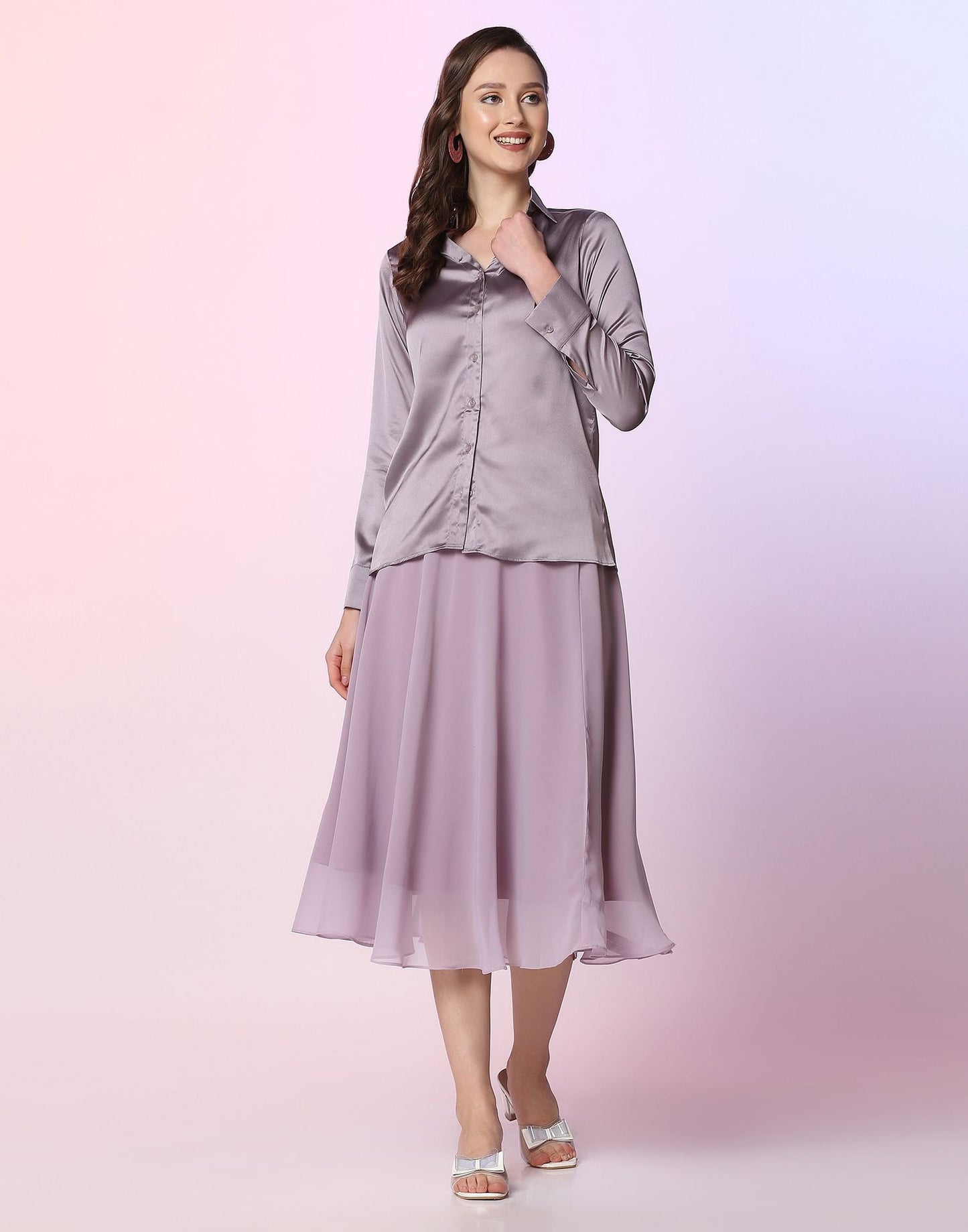 Lavender Satin Shirt with Skirt Co-ord Set | Leemboodi