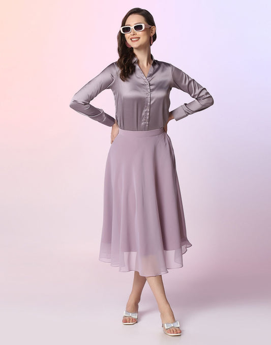 Lavender Satin Shirt with Skirt Co-ord Set | Leemboodi