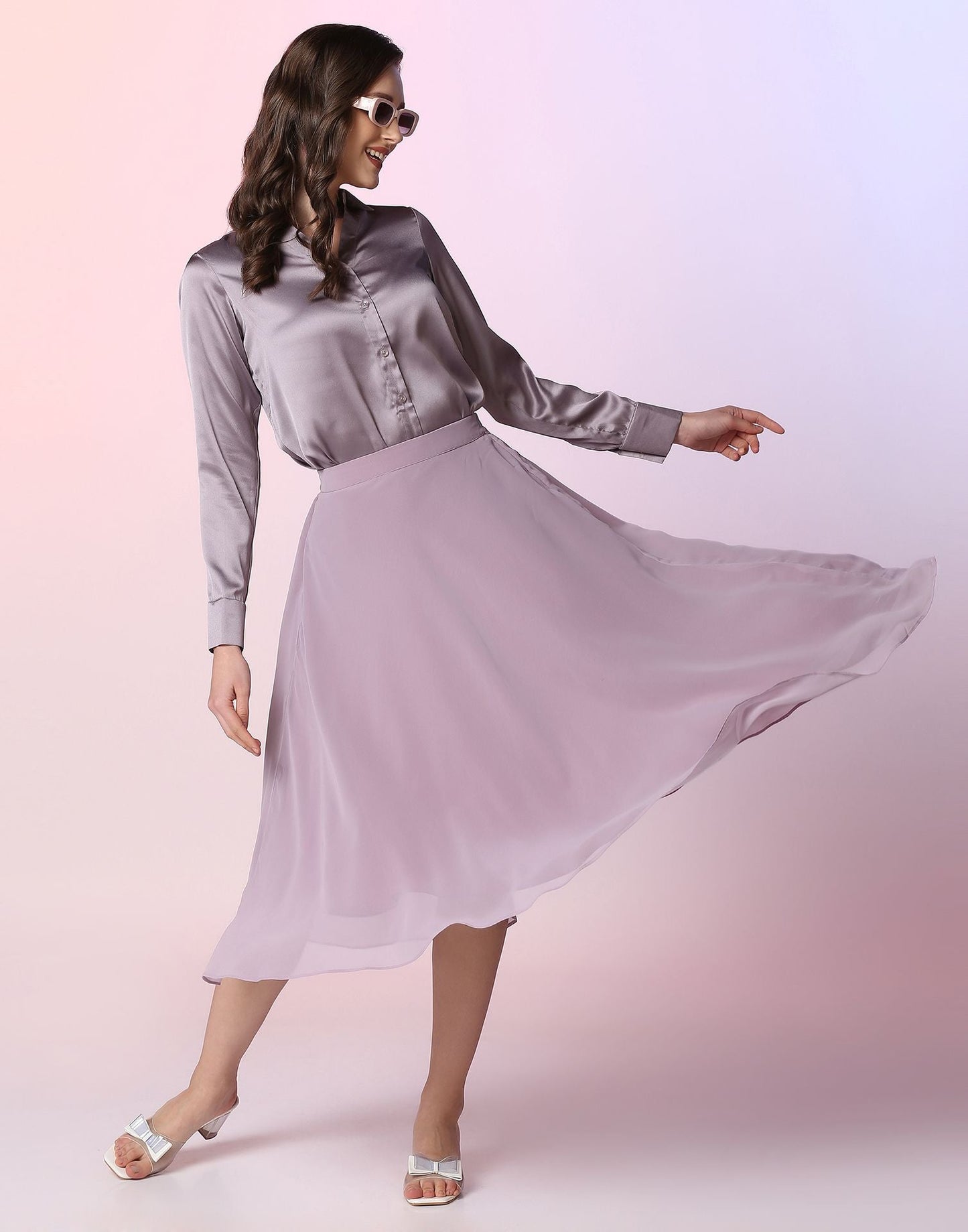 Lavender Satin Shirt with Skirt Co-ord Set | Leemboodi