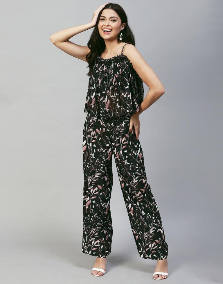 Black printed Strappy Pyjama Set | Sudathi