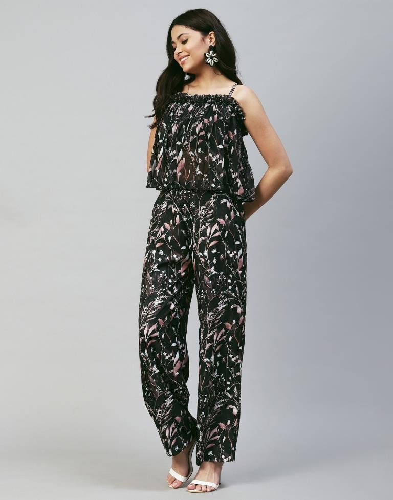 Black printed Strappy Pyjama Set | Sudathi