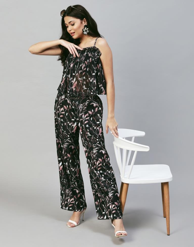 Black printed Strappy Pyjama Set | Sudathi