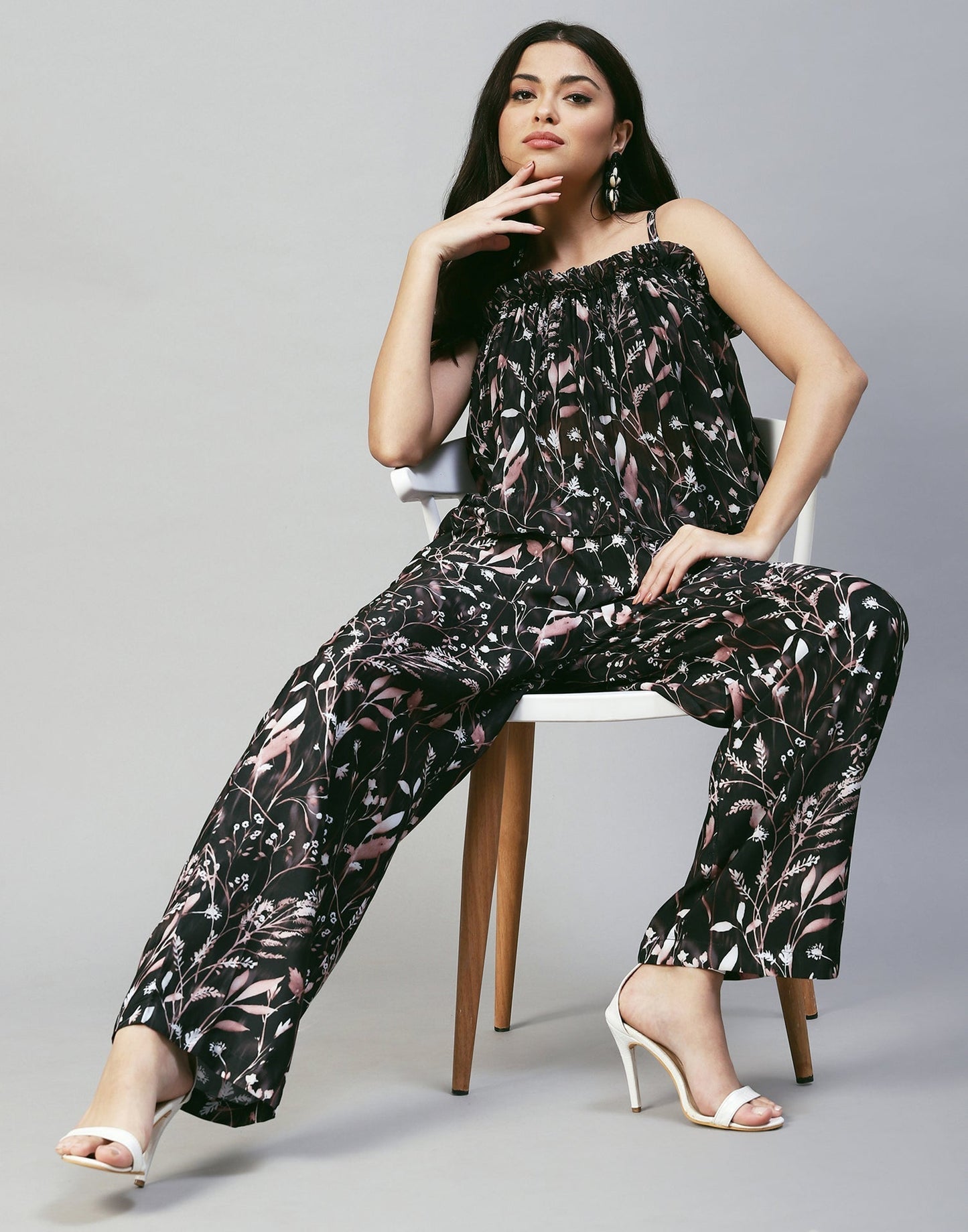 Black printed Strappy Pyjama Set | Sudathi