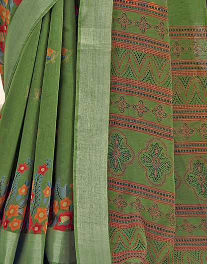 Olive Green Cotton Zari Saree