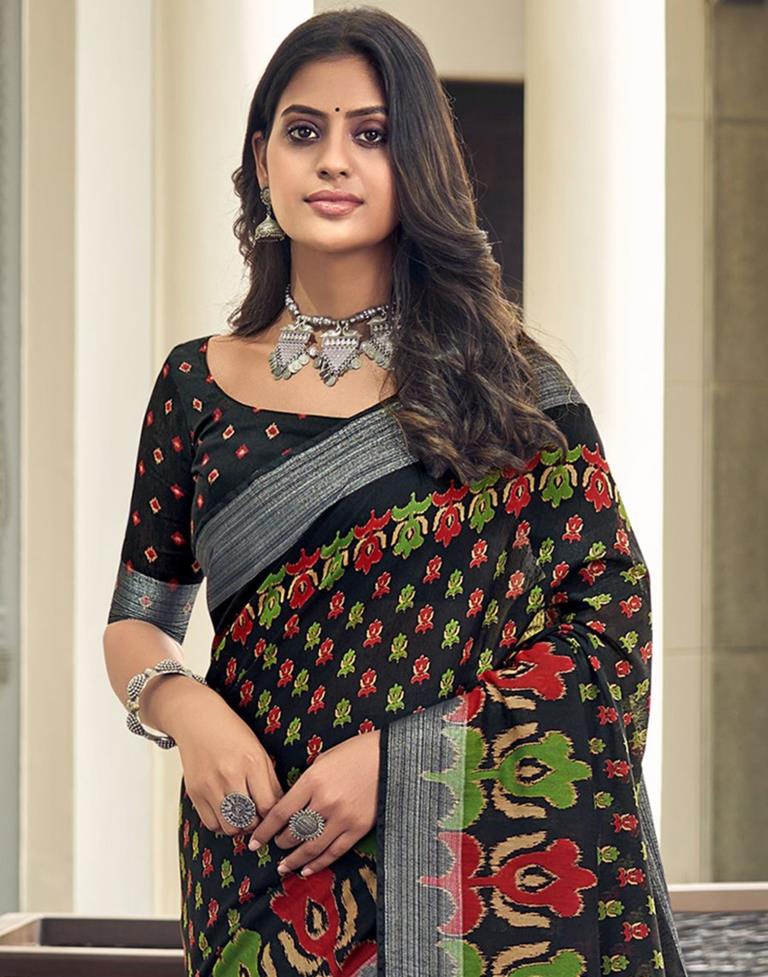 Black & Multicolour Cotton Zari Saree