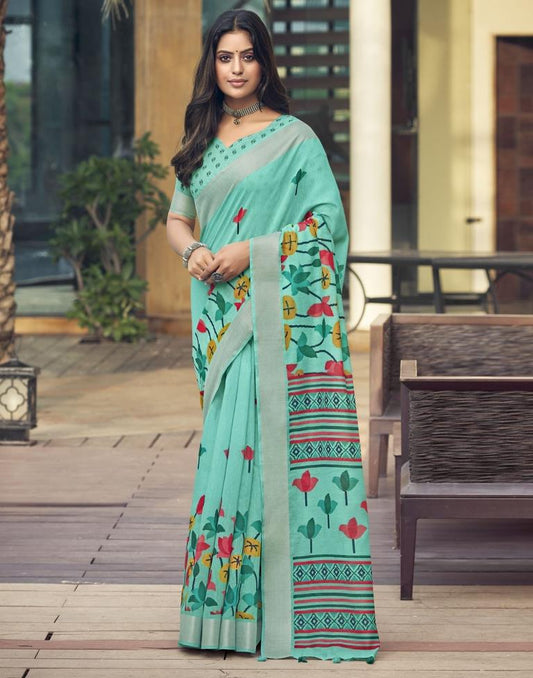 Turquoise Cotton Zari Saree
