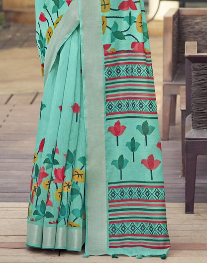 Turquoise Cotton Zari Saree