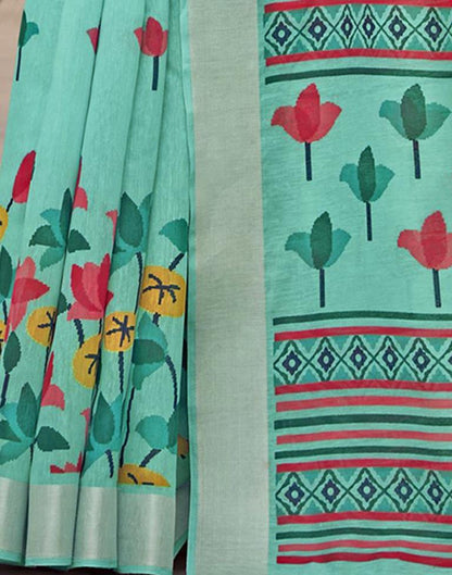 Turquoise Cotton Zari Saree