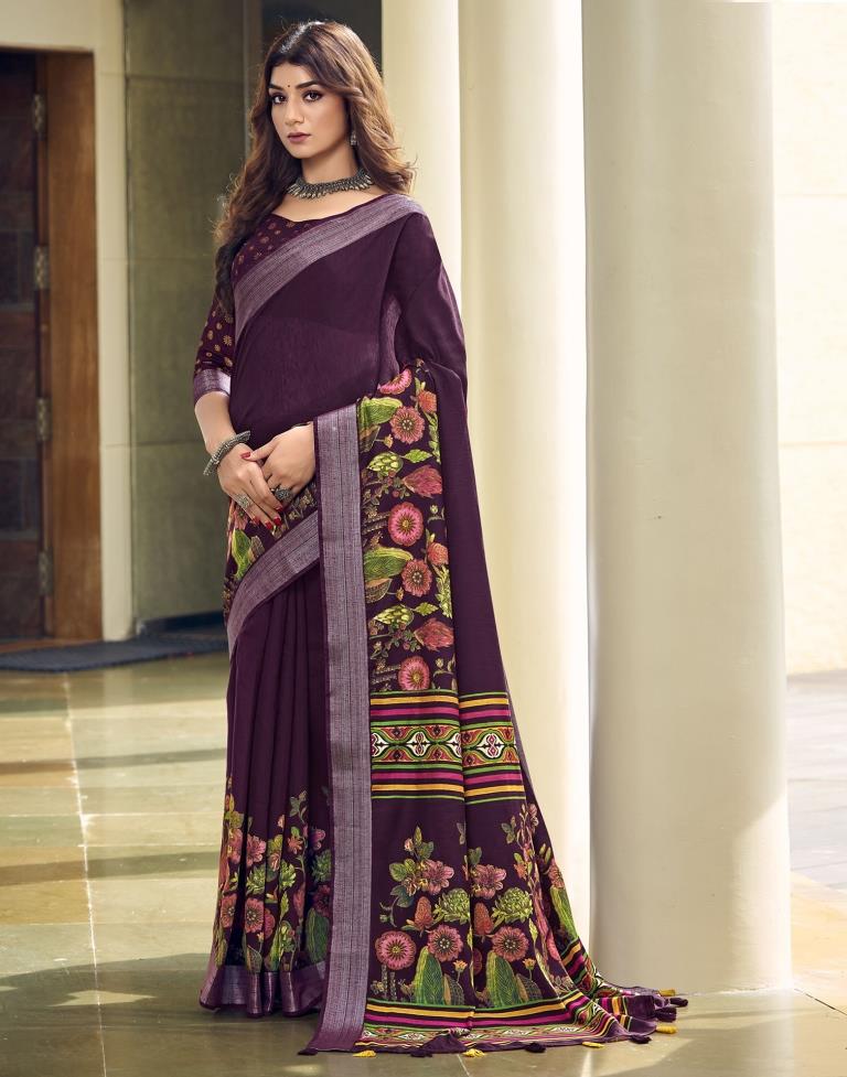 Wine Cotton Zari Saree