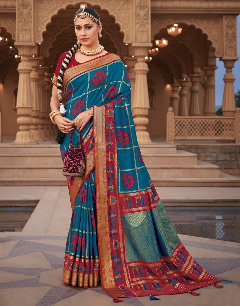 Dark Red Silk Printed Saree
