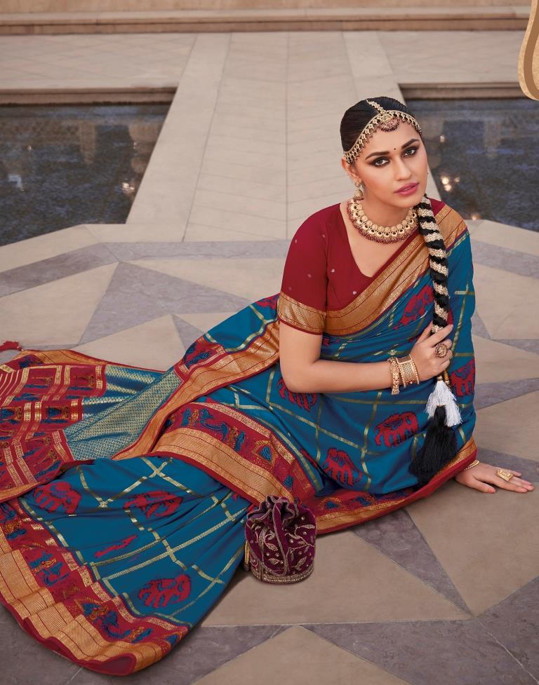 Dark Red Silk Printed Saree