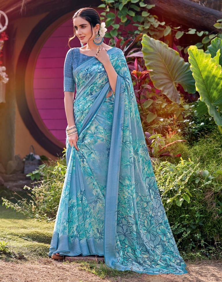 Steel Blue Georgette Printed Saree