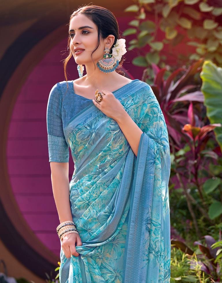 Steel Blue Georgette Printed Saree