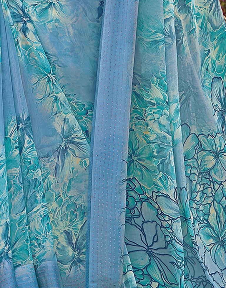 Steel Blue Georgette Printed Saree