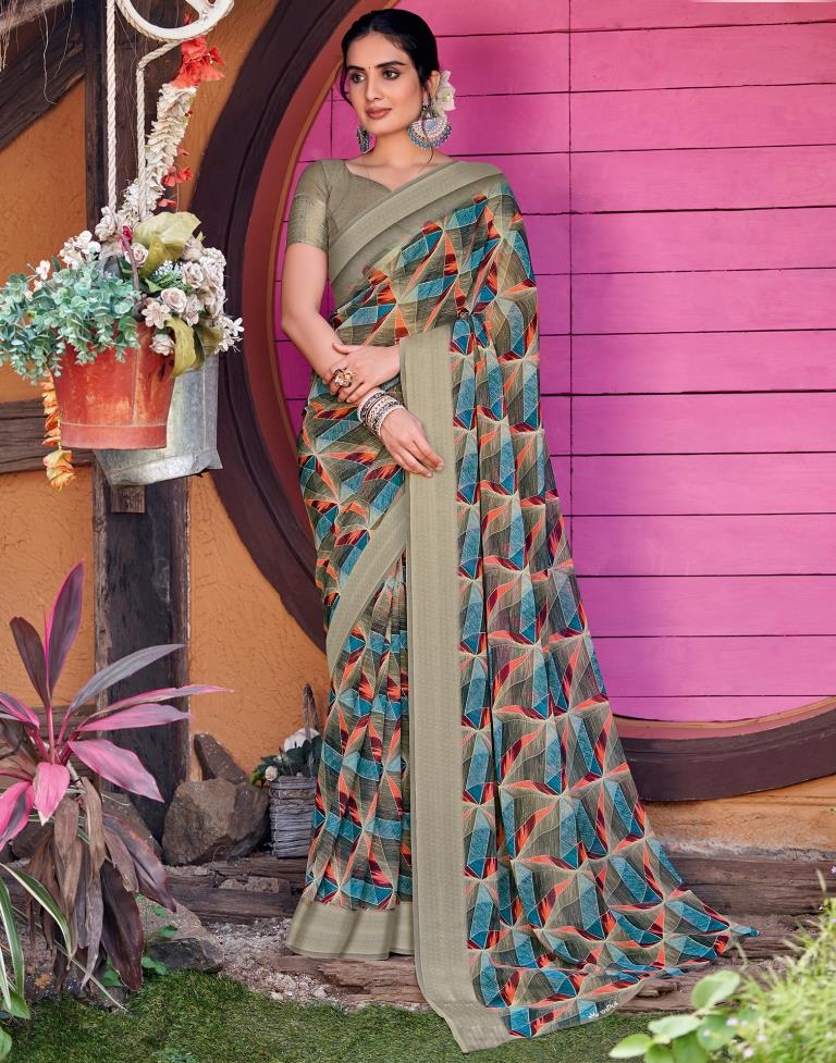 Dark Khaki Georgette Printed Saree