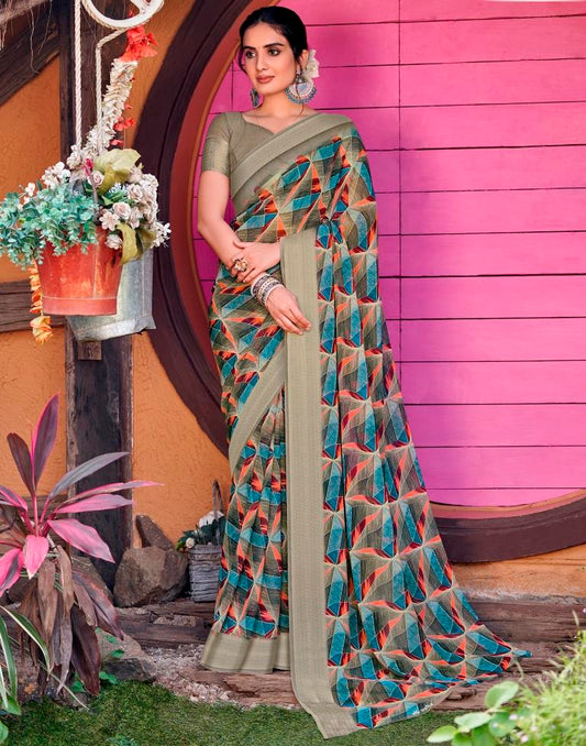Dark Khaki Georgette Printed Saree