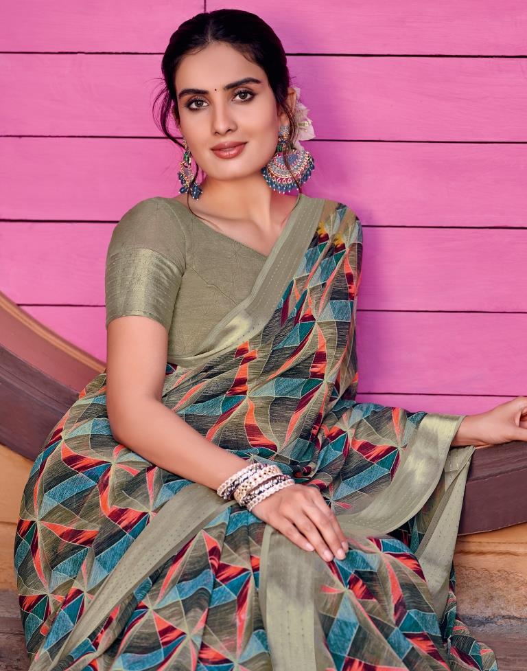 Dark Khaki Georgette Printed Saree