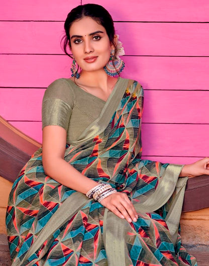 Dark Khaki Georgette Printed Saree