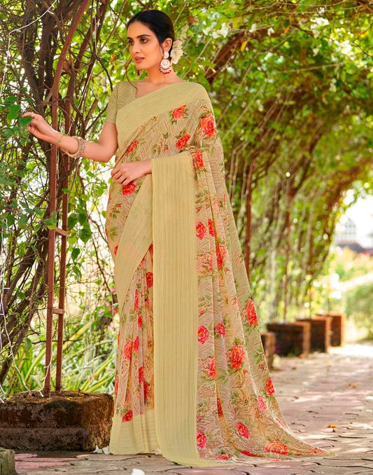 Light Olive Green Georgette Woven Saree