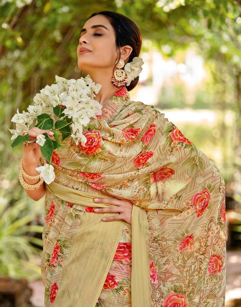 Light Olive Green Georgette Woven Saree