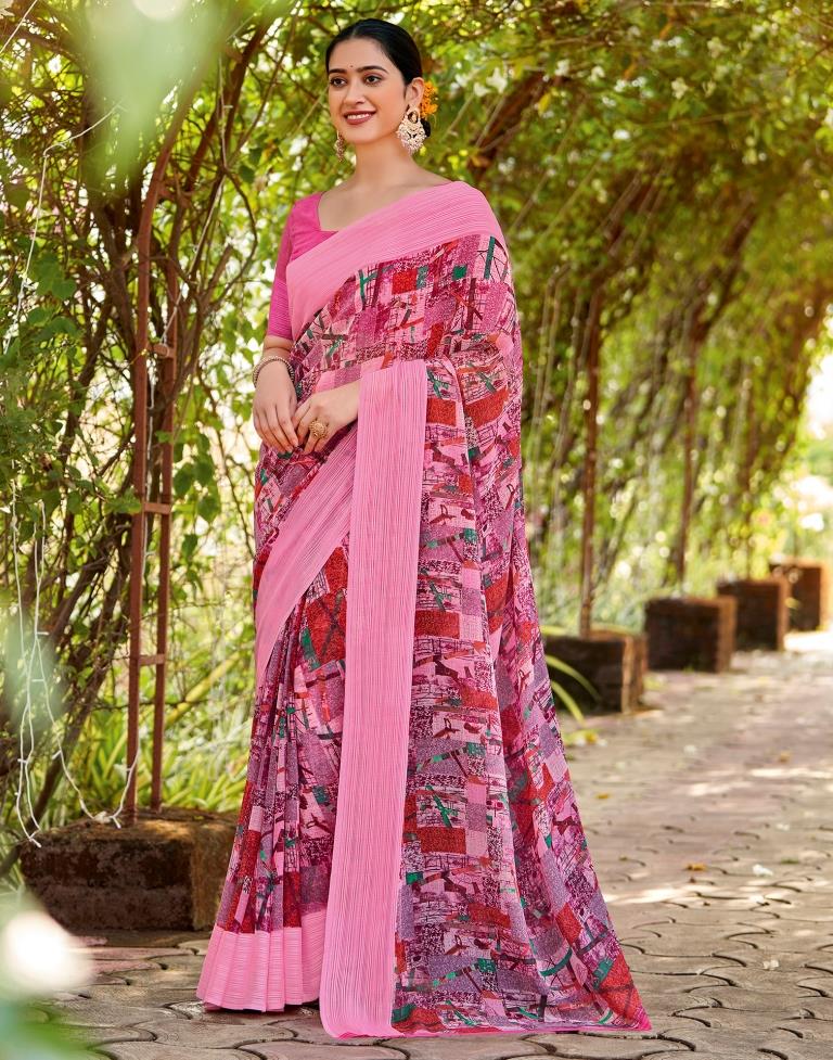 Pink Georgette Woven Saree