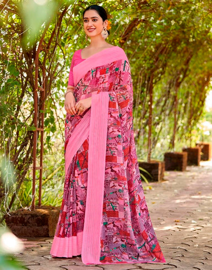 Pink Georgette Woven Saree